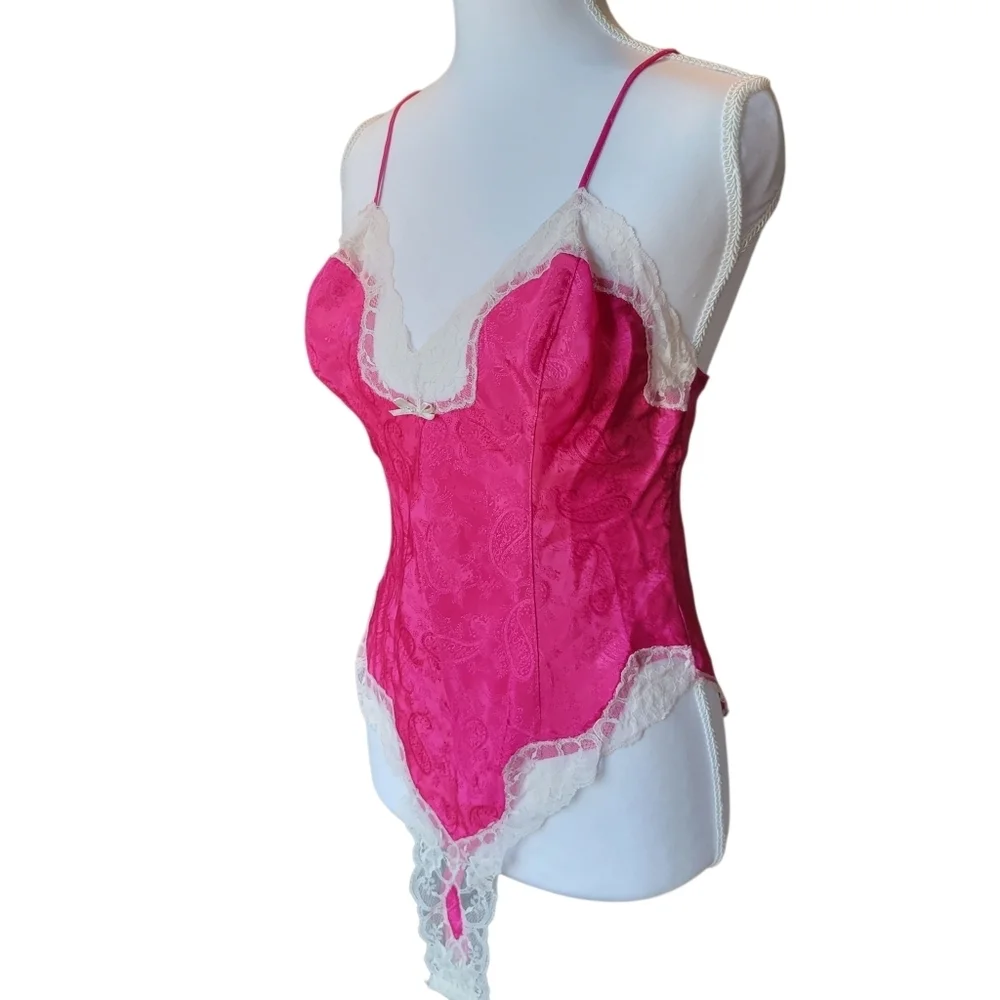 Vintage Delicates Satin Pink Paisley Lace Trim Bodysuit